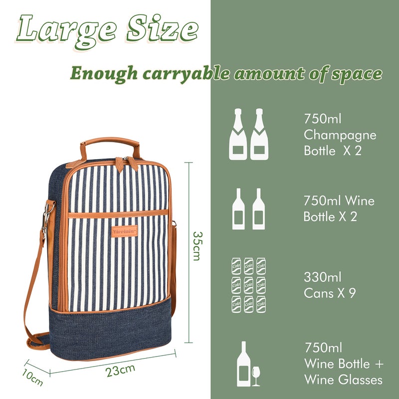 Tirrinia Insulated 2 Bottle Wine Gift Tote Bag - Tumbler Glass Cooler Carrier for BYOB Restaurants  Tasting  Travel  Park  Beach - Great Wine Lover Gift  Denim Stripe - Image 4